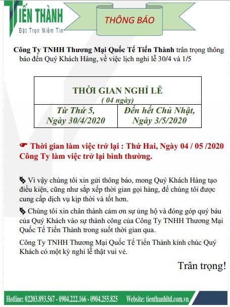 LỊCH NGHỈ LỄ 30/4 - 1/5 2020 TIẾN THÀNH
